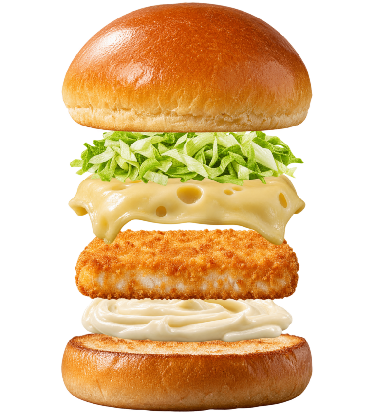 Vue assemblée de Burger au poisson pané